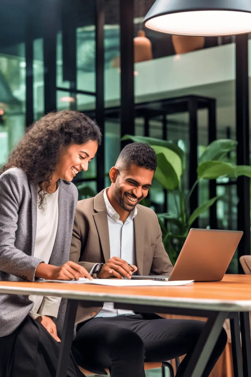 A happy young couple of business man and woman working on a desk with a laptop.