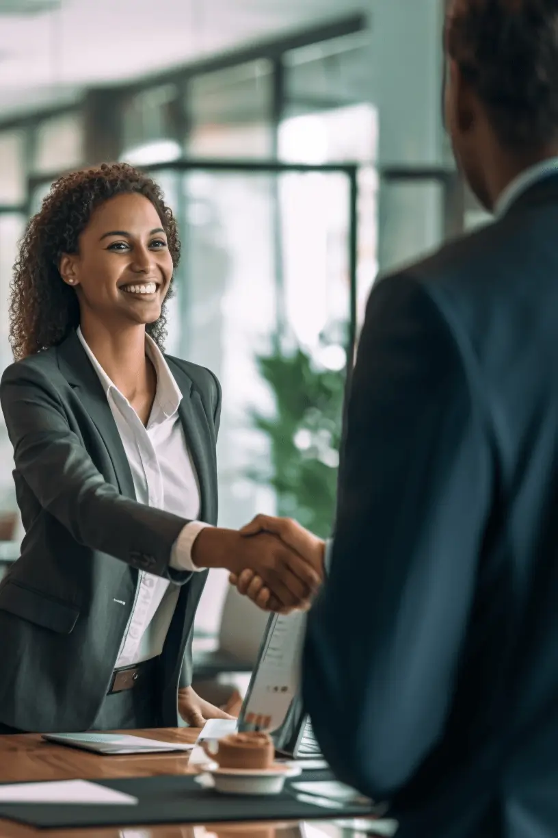 A business woman handshakes with a person.