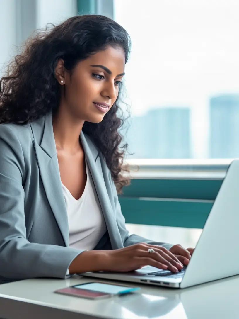 An young professional Sri Lankan woman looking at a laptop and typing.